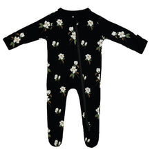 Load image into Gallery viewer, Zipper Footie | Small Magnolia on Midnight
