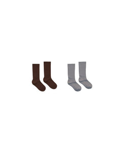 Ribbed Socks | Brown + Dusty Blue