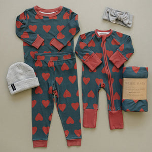 Two Piece Cozy Set | Navy + Red Hearts