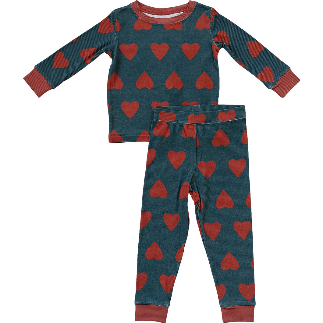 Two Piece Cozy Set | Navy + Red Hearts